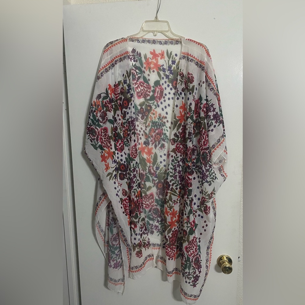 Source Unknown Floral Kimono Top - White, Red, Purple, Orange